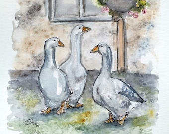 Geese in a country garden original watercolour painting, farmyard goose  cottage picture, a watercolour artwork for your wall by EdieBrae