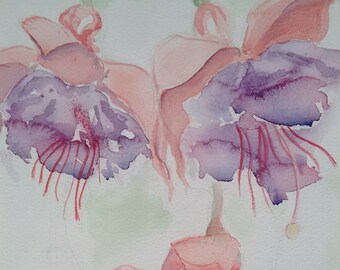 Fuchsia original flower painting in watercolour, a one off watercolour art work of fuchsia flowers from my garden, by EdieBrae