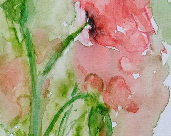 Peinture à l’aquarelle rouge de pavot, art abstrait de fleur, art expressif original de fleur, petite illustration originale outre des pavots par EdieBrae