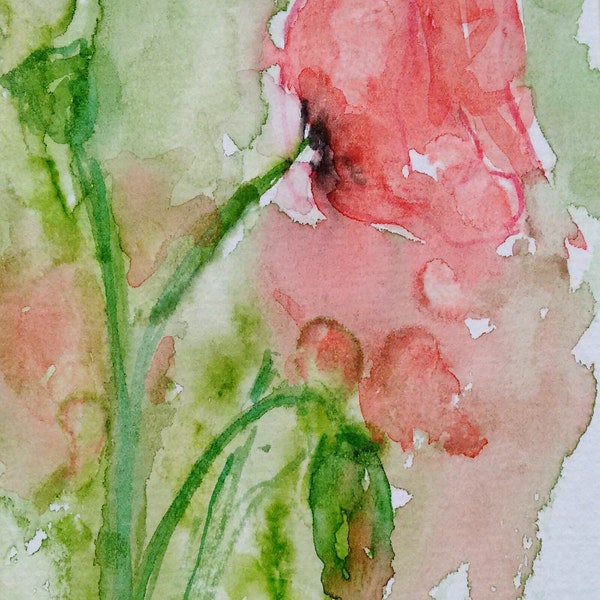 Red poppy watercolour painting, abstract flower art, original expressive flower art, small one off original artwork of poppies by EdieBrae