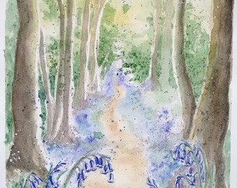 Bluebell wood painting original watercolour art flower painting one off, an original watercolour artwork of a beautiful bluebell woodland