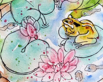 Grenouille et les nénuphars dans un étang de baril, petite aquarelle et peinture de stylo, original tirage d’art d’une grenouille par EdieBrae