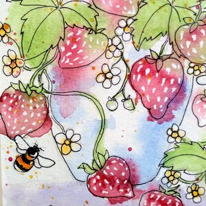 May include: Watercolour illustration of strawberries, leaves, and flowers. The strawberries are red with white speckles. Green leaves and small white flowers with yellow centres are also present. A bee is flying near the strawberries.