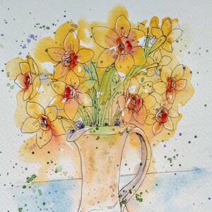 Narcissus daffodils in a jug original watercolour painting, spring flower original art, watercolour still life flower painting by EdieBrae