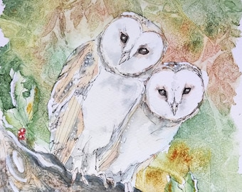 An original barn owl painting in watercolour and pen, an original fine art painting of British wildlife by EdieBrae