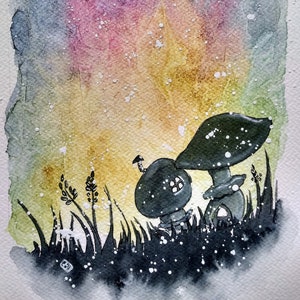 Fairytale original watercolour painting, toadstool houses silhouetted against colourful winter night sky, fantasy cartoon art