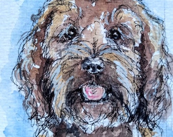 Cockapoo watercolour painting, original small dog artwork in watercolour and pen, chocolate and tan cockapoo by EdieBrae