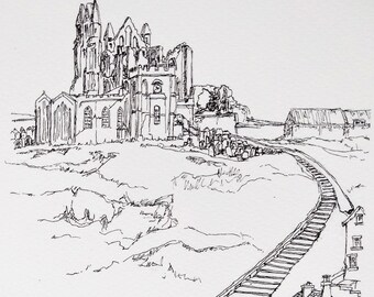 Whitby Abbey steps giclee print, pen and ink line drawing of Yorkshire seaside town, black and white line art of Whitby  Abbey by EdieBrae