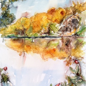 Autumn colours watercolour landscape painting, original art river scene, watercolour & pen artwork, Sprotborough on a Autumn day by EdieBrae