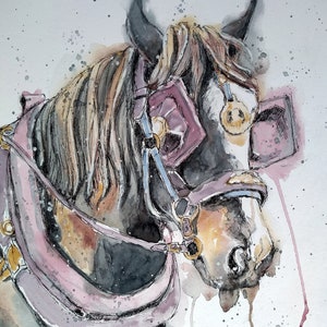 Shire horse original watercolour painting, heavy horse wall art in pen and wash, draught horse picture by EdieBrae