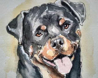 Rottweiler original watercolour painting, expressive pet portrait picture, dog lovers present, affordable art of rottie by Edie Brae