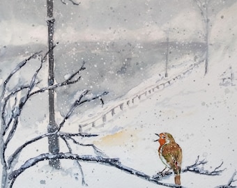 Winter landscape painting with robin, an original one off watercolour fine art illustration, artwork of a beautiful snowy scene by EdieBrae