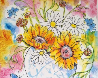 Sunflower and daisy limited edition print, colourful flowers with butterflies fine art, bright vase of flowers in pink by Edie Brae