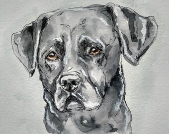 Black Labrador retriever original watercolour painting, expressive pet portrait picture, dog lovers present, affordable art of black lab