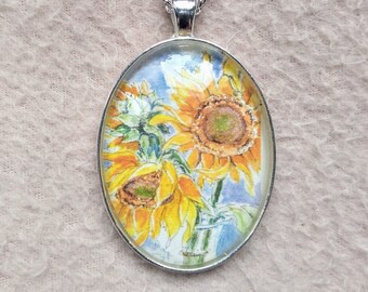 Sunflower pendant, watercolour handmade glass cabochon, flower necklace, jewelry from original art by ediebrae