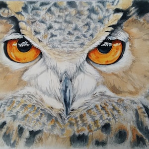 Eagle owl fine art print, wildlife limited edition giclee print from my watercolour of a magnificent  European eagle owl, bird art Edie Brae