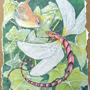 Dragon felicita tarjeta hecha a mano, tarjeta de felicitaciones de fantasía de libélula y Wren, tarjeta de cumpleaños para él, ella, tarjeta de Navidad en blanco por EdieBrae
