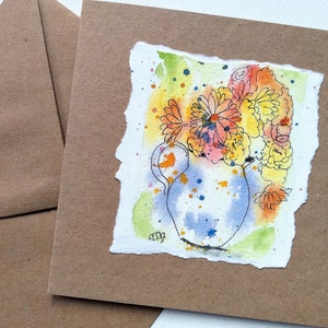 Handgemaakte lege wenskaart van een kruik kleurrijke bloemen, verjaardagskaart van een vaas van heldere bloemen, kaart voor haar door EdieBrae