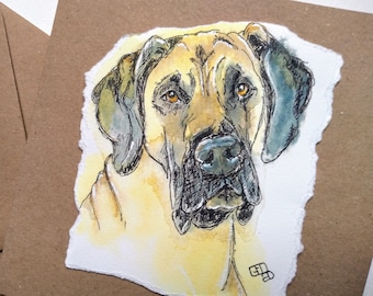 Great Dane lovers card, hand made dog card for him, her, blank birthday, Christmas card, fawn great Dane greetings card by EdieBrae