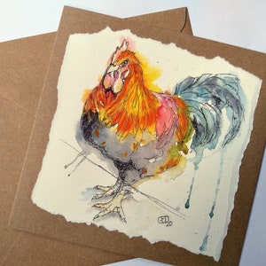 Carte de vœux Cockerel colorée de ma peinture à l’aquarelle originale, une carte blanche de poulet, carte d’anniversaire de l’amant coq par EdieBrae