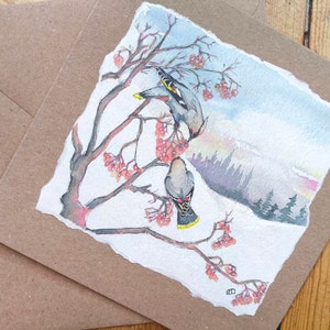 Carte de voeux faite main Jaseur à partir de ma peinture à l'aquarelle de jaseurs mangeant des baies dans la neige, une carte d'oiseau britannique vierge par Edie Brae