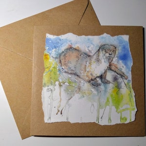 Otter verjaardagskaart van mijn originele aquarel schilderij, een handgemaakte blanco wenskaart van Britse dieren in het wild, rivierotter door EdieBrae