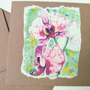 Handgemaakte orchidee wenskaart van mijn eigen aquarel schilderij, kleurrijke bloemen verjaardagskaart voor haar, roze phalaenopsis door EdieBrae UK