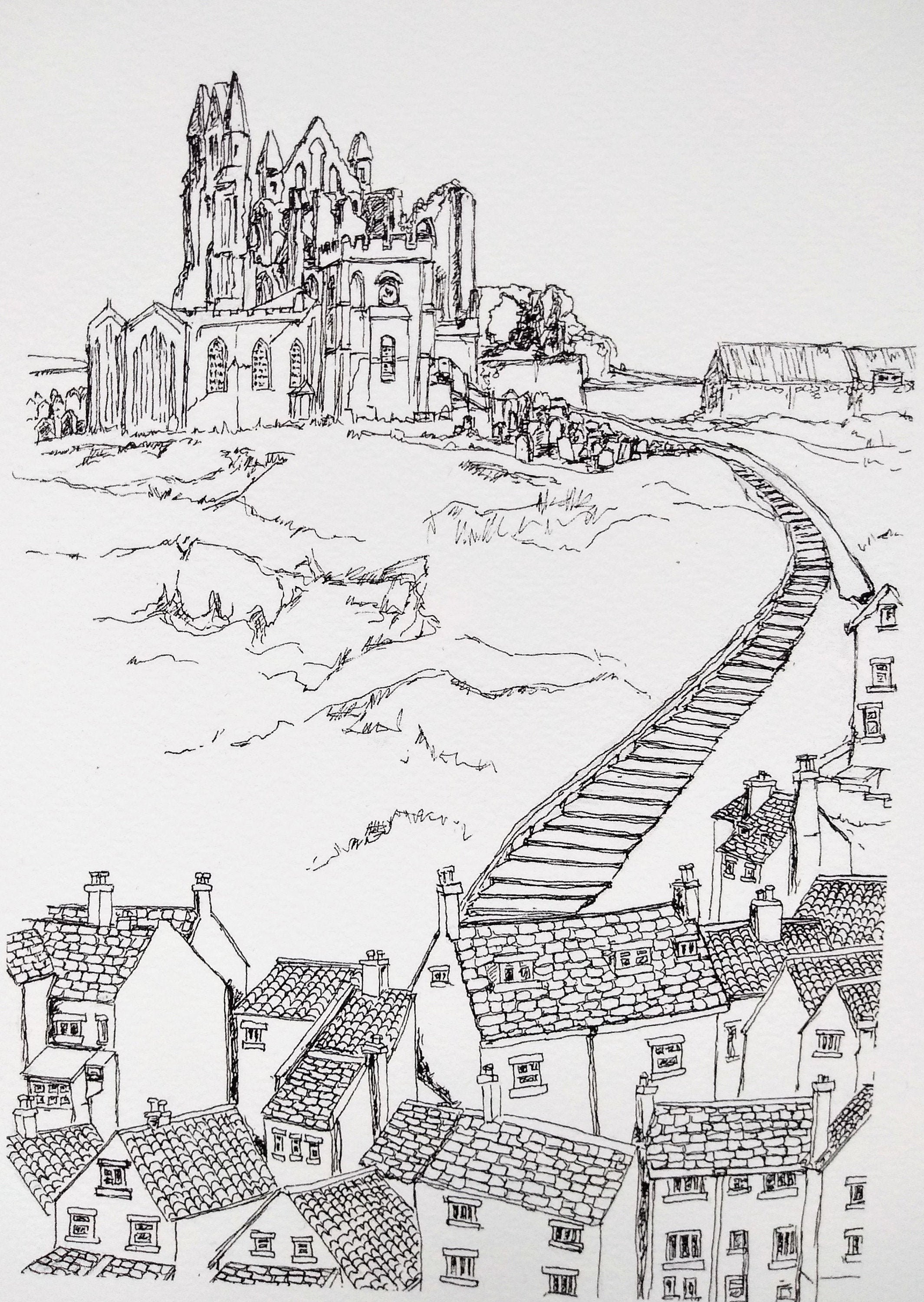 Whitby Abbey Steps Giclee Print, Pen and Ink Line Drawing of Yorkshire