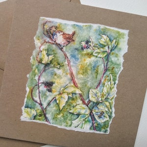 Wren fijne kunst handgemaakte groeten kaart van mijn originele aquarel schilderij van Wren en zweven vliegen, een lege Britse vogelkaart door EdieBrae