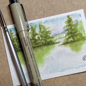 Originele aquarel landschap schilderij ACEO kaart 2,5 "x 3,5", originele alleen verzamelprogramma's miniatuur artwork van Lake en bomen door EdieBrae