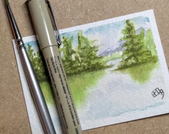 Original Watercolour landscape painting aceo card 2.5" x 3.5", Original Only collectors miniature artwork of lake and trees by EdieBrae