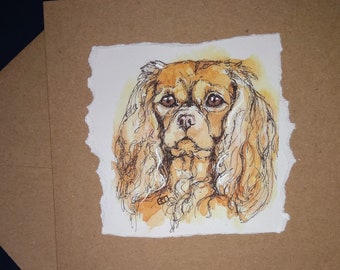 Cavalier king charles spaniel greetings card, handmade birthday card for him, her, ruby King Charles dog lover's art card by EdieBrae