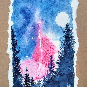 Noorderlicht kerstkaart handgemaakt, Aurora Borealis winter verjaardagskaart voor hem, haar, silhouet bomen wenskaart door EdieBrae UK