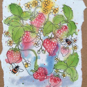 « Carte d'anniversaire vierge de fleurs et d'abeilles de ma propre aquarelle, carte de voeux de bourdons et pot de fraises » par EdieBrae