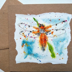 Carte de vœux libellule faite à la main à partir de ma peinture à l’aquarelle originale, carte d’anniversaire d’insecte pour lui, sa libellule colorée par EdieBrae