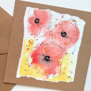 Greetings card of poppies from my own watercolour painting, colourful flowers birthday card for her, red poppy with yellow by EdieBrae