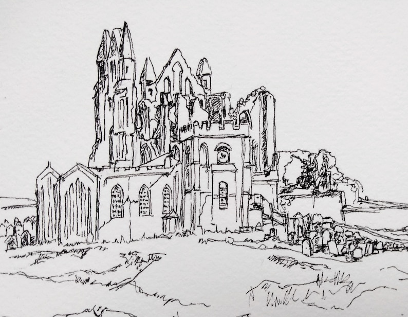 Whitby Drawing Whitby Abbey Steps Giclee Print, Pen and Ink Line Drawing of Yorkshire ...