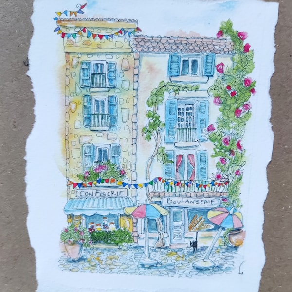 French village shops birthday card,  cityscape of France, a hand made greetings card for him, her from watercolour painting by EdieBrae