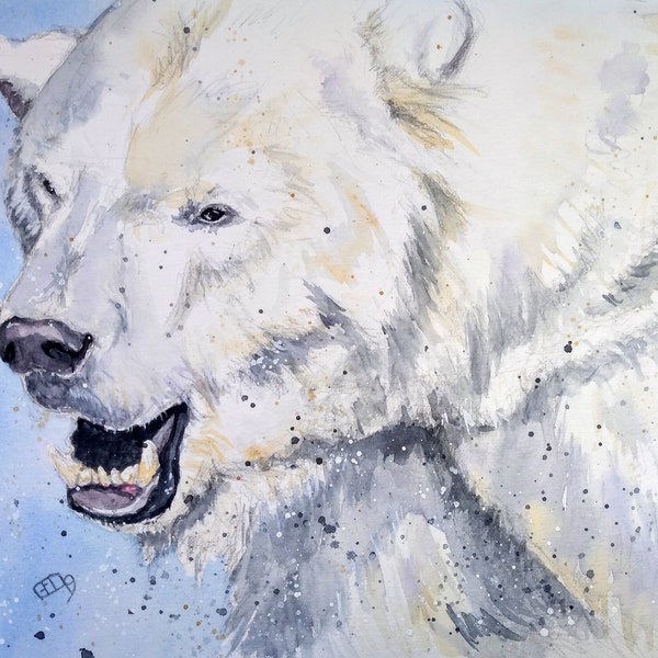 Polar bear original watercolour painting, realistic bear artwork wildlife art, polar bear realism fine art by EdieBrae