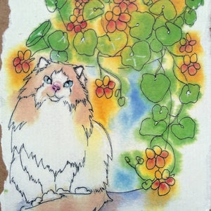 mignon chat et fleurs carte de vœux vierge de mon aquarelle, carte d'anniversaire de chat à poils longs et pot de fleurs brillantes par EdieBrae