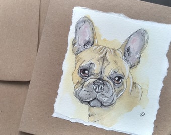 French bulldog craft birthday card, handmade card for him, her, watercolour sketch of a cute fawn French bulldog, dog lovers card
