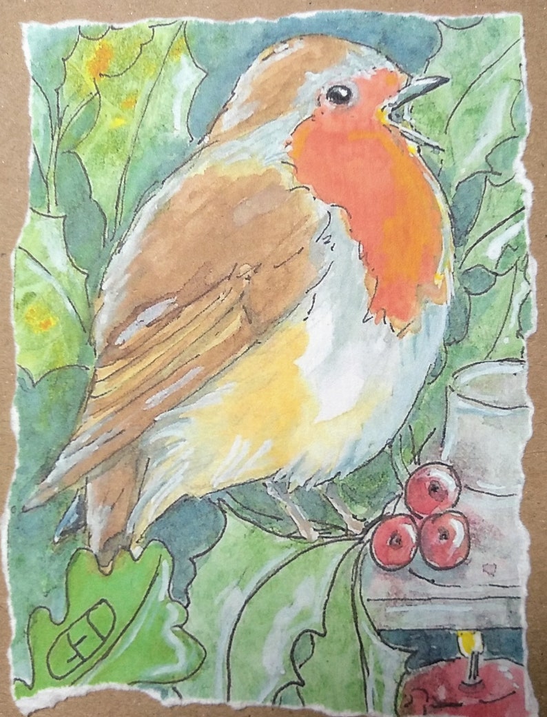 Robin Greetings Card Hand Made, Robin on Lantern With Holly, Christmas ...