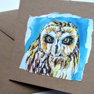 Carte de voeux de hibou des marais sur un blanc artisanal marron de ma peinture à l'aquarelle originale, une carte vierge de la faune britannique, EdieBrae