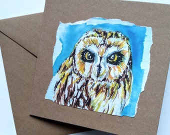 Greetings card of short eared owl on on craft brown blank from my original watercolour painting, a blank card of British wildlife, EdieBrae