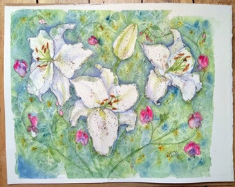 White lilies and pink sweet peas original watercolour painting of garden flowers, floral large fine art, large wall picture by EdieBrae