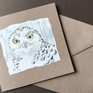 Carte de voeux faite main de harfang des neiges d'après ma peinture à l'aquarelle, carte d'anniversaire vierge d'oiseaux et d'animaux sauvages, carte fabriquée par Edie Brae