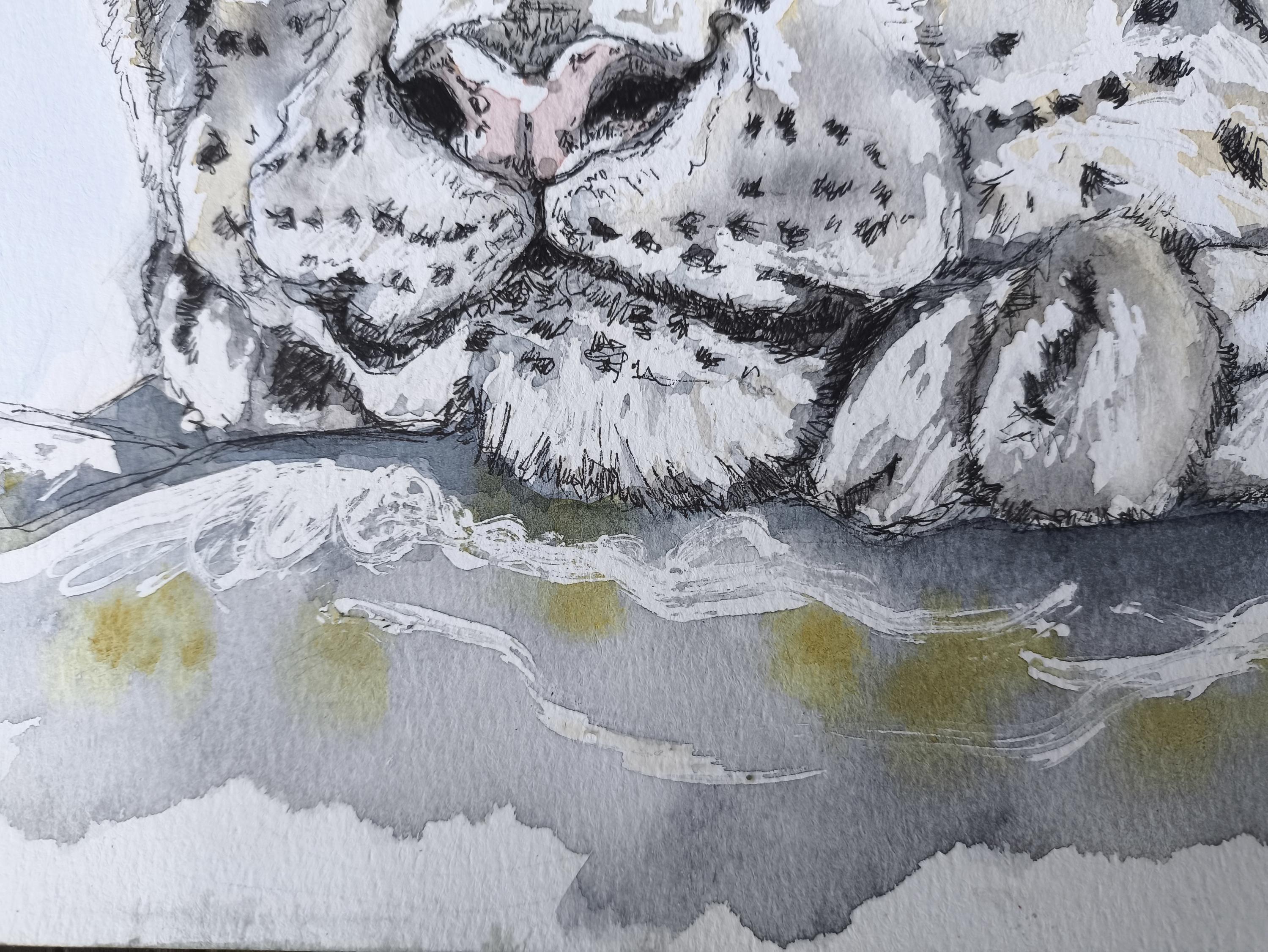 ユキヒョウの絵画、オリジナルの水彩画による野生動物アート、一点