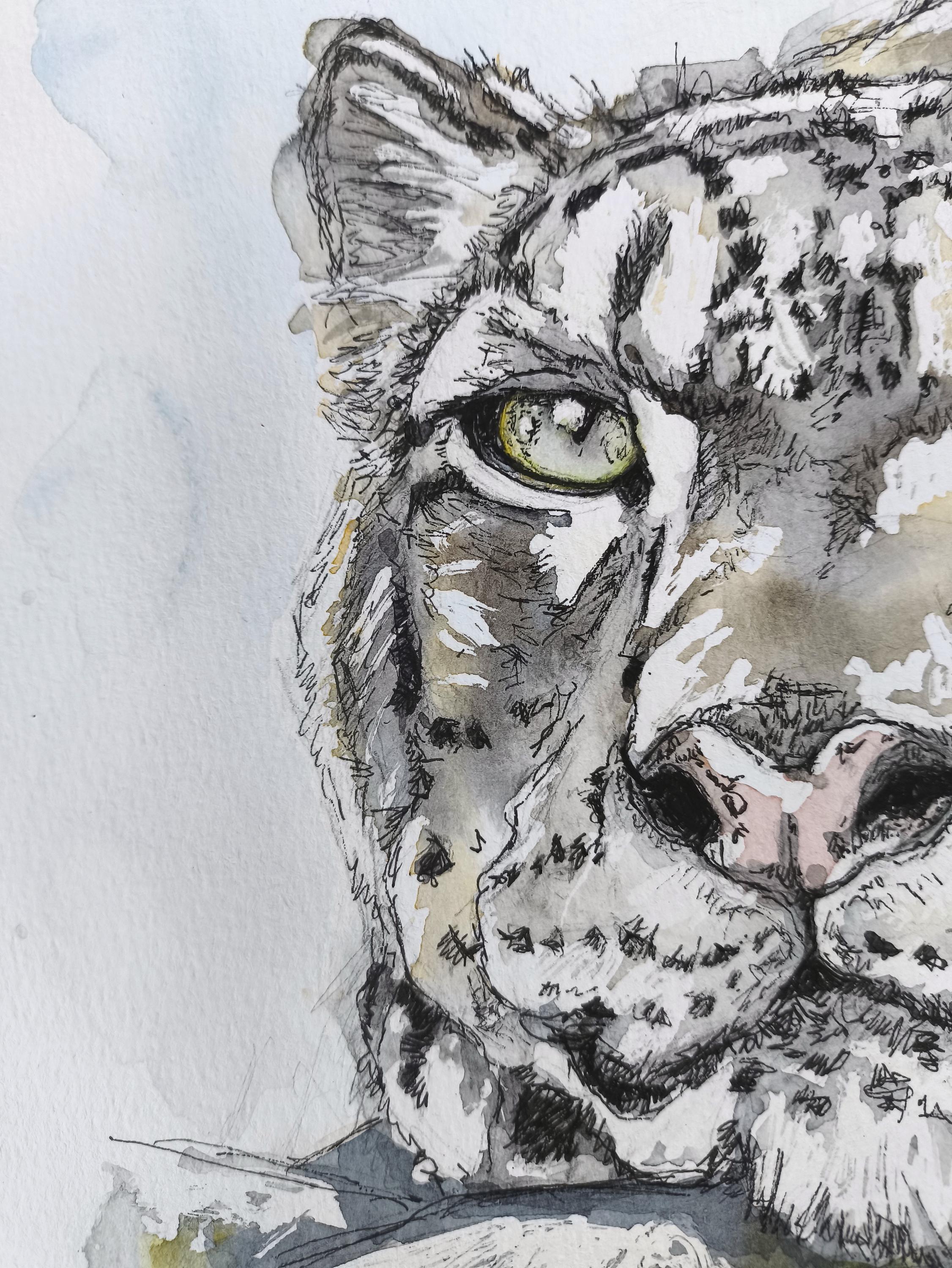 ユキヒョウの絵画、オリジナルの水彩画による野生動物アート、一点