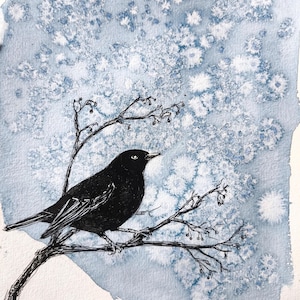 Blackbird in snow original watercolour silhouette  painting, affordable British winter wildlife art, a wildlife portrait by Edie Brae