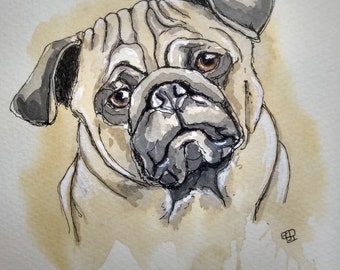 Pug original watercolour painting, small affordable dog art, pet portrait picture, dog lovers present for him or her by Edie Brae